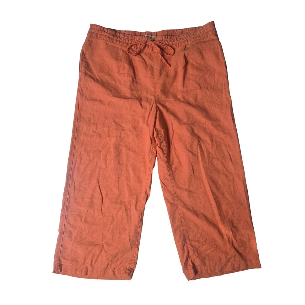 Per Se Wide Leg Linen Crop Pants XL Drawstring Burnt Orange Lagenlook Comfort